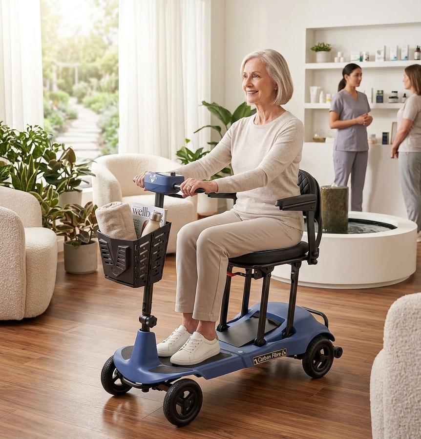 Carbon fiber mobility scooter on sidewalk