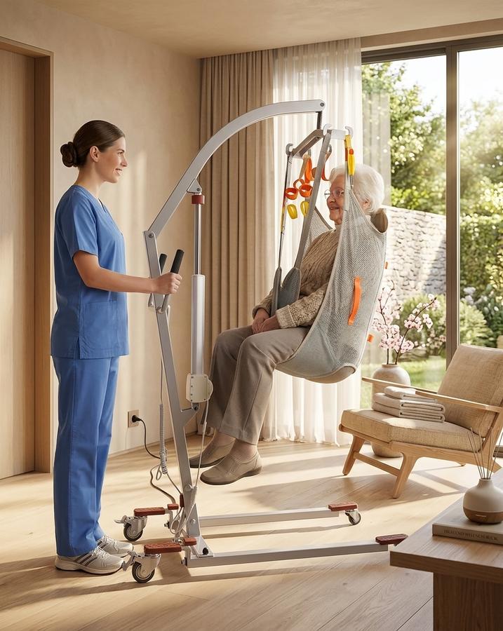 Electric patient lift in a bedroom setting