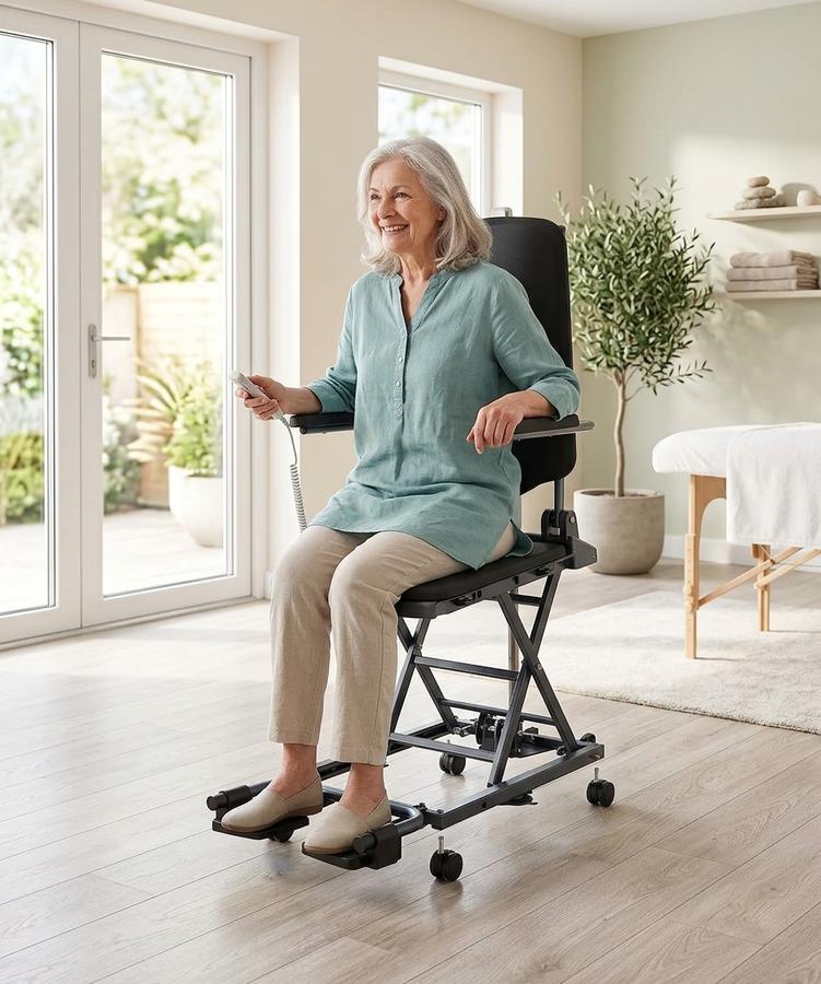 Electric floor lift chair in a home setting